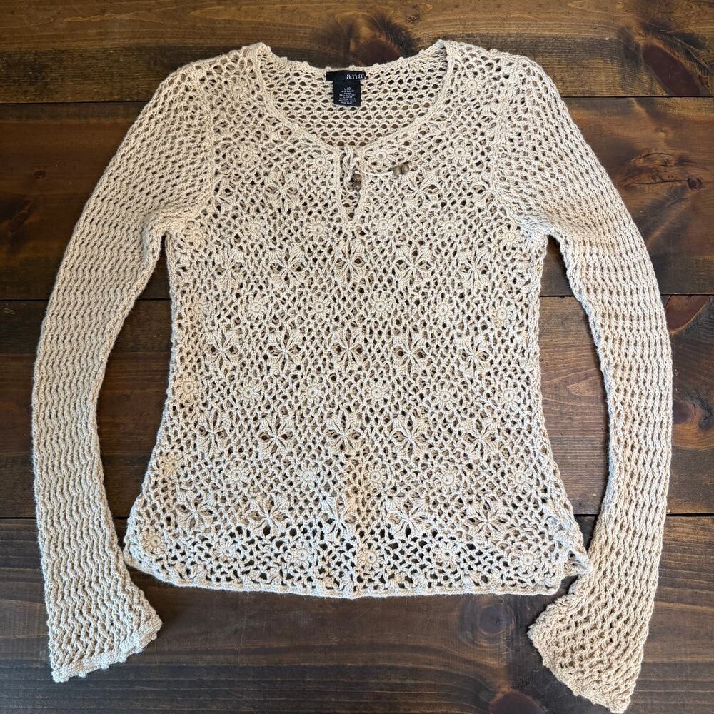 Vintage y2k 2000’s Crochet Beige Long Sleeve Sweater Top Large Ramie Cotton Boho